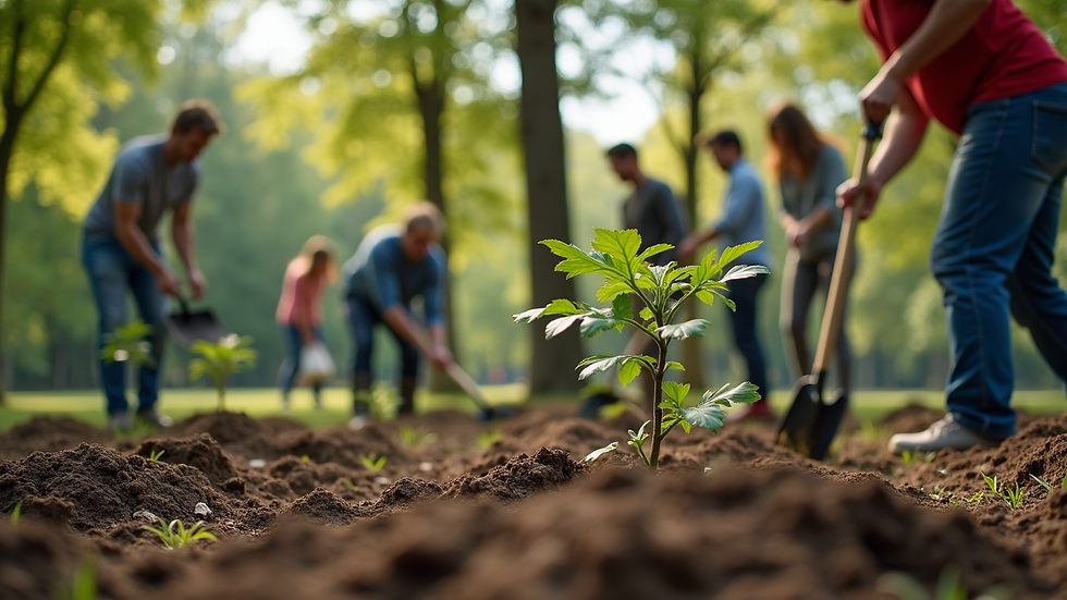 High angle view of a group of volunteers planting trees in a park