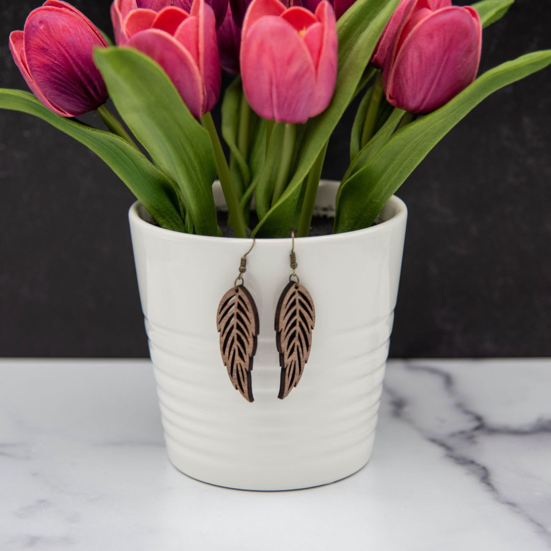 Walnut Wood Feather Earrings