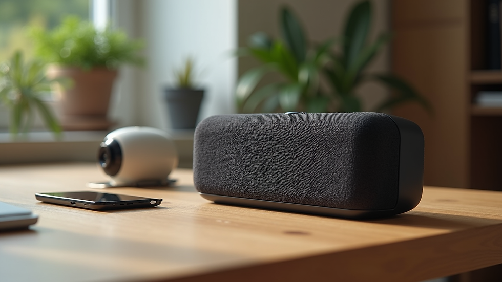 Close-up view of a smart speaker on a wooden table