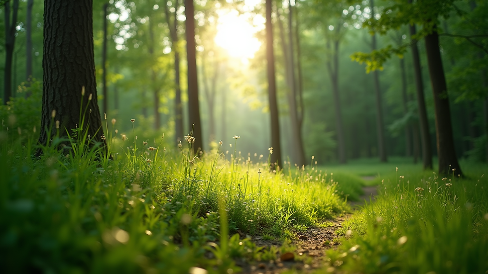 Eye-level view of a lush green forest with sunlight filtering through the trees