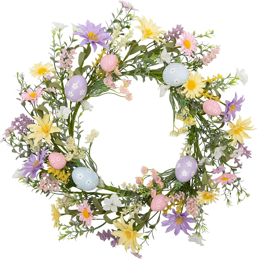 spring Easter wreath with pastel eggs and wild flowers, Easter egg wreath front door