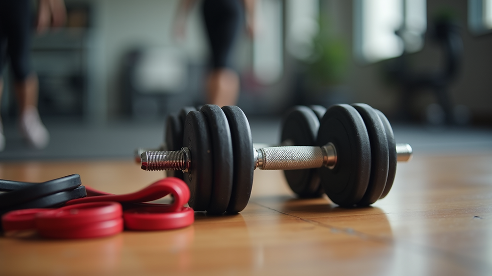 Close-up view of adjustable dumbbells and resistance bands on a wooden floor