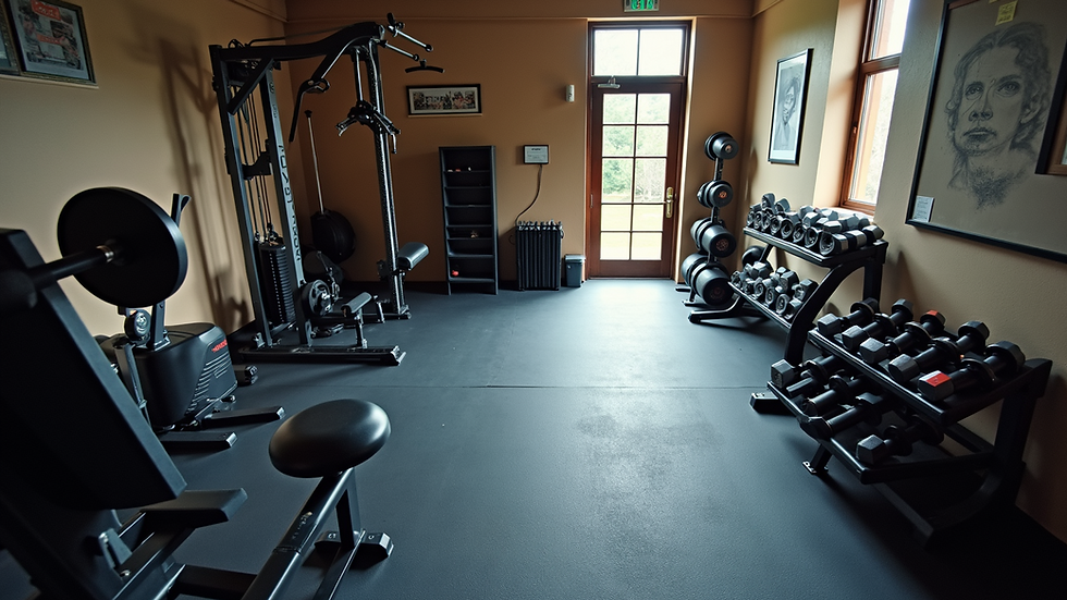 High angle view of a home gym corner with rubber flooring and organized equipment