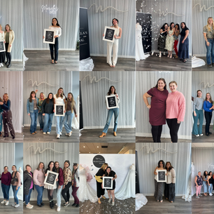 Brides and families posing with an "I said yes to the dress" sign