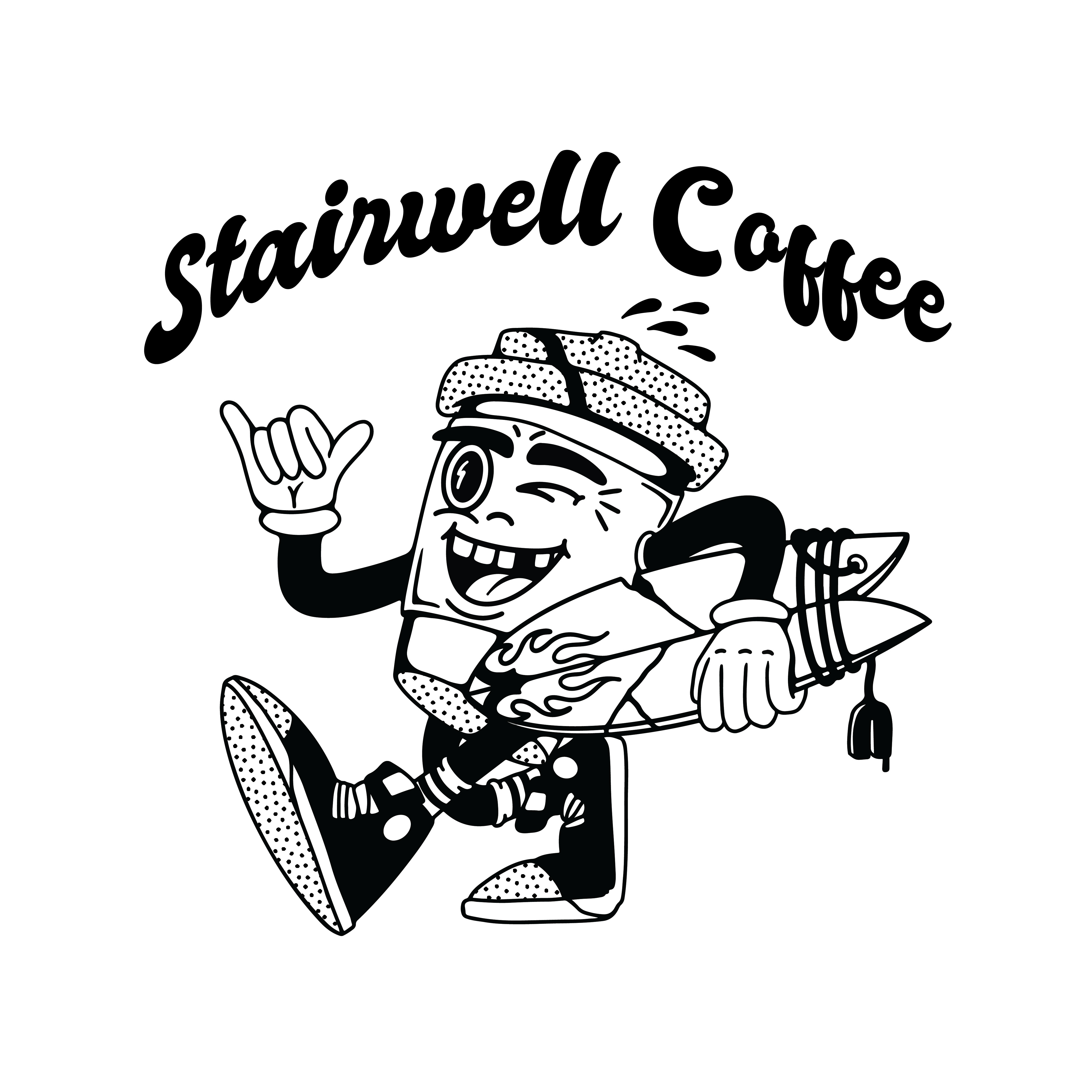Original Stairwell Coffee logo and coffee-cup character carrying a surfboard