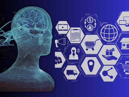 Neuromarketing showcassed with a digital brain outline on left with network lines, hexagon icons on right showing dollar, shopping cart, and globe against blue background.