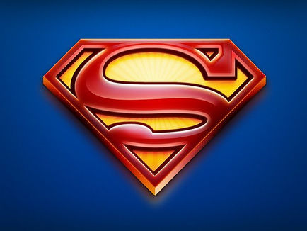 Red and yellow Superman logo with a bold "S" on a blue gradient background, evoking a heroic and powerful mood.