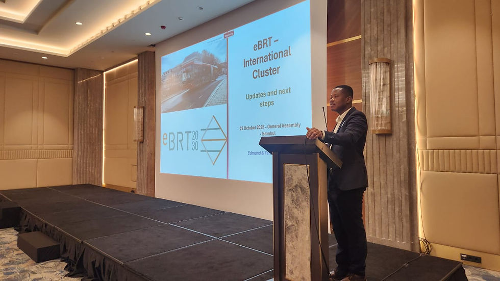 Edmund Teko from UEMI speaking during the eBRT2030 General Assembly in Istanbul, where partners discussed project progress and future collaboration on electric bus rapid transit.