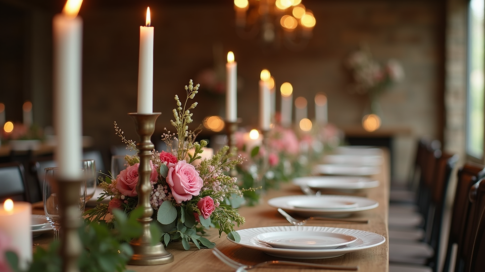 Close-up view of a rustic wooden table decorated with floral centrepieces and candles