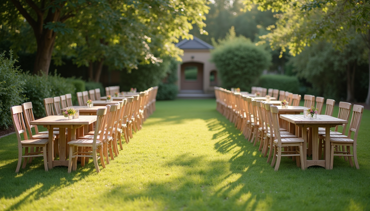 Eye-level view of a garden party table setup with folding chairs and trestle tables arranged outdoors