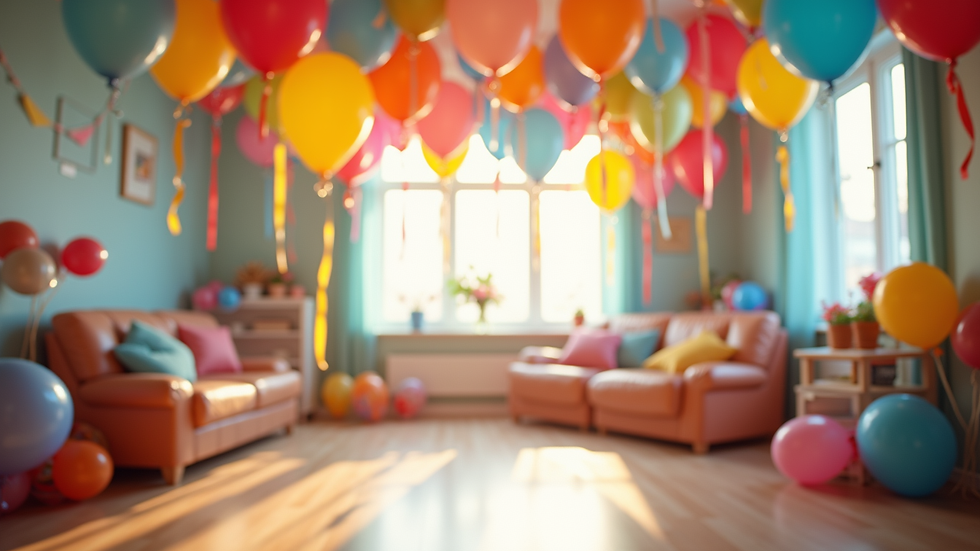 Wide angle view of a party room decorated with colourful balloons and streamers