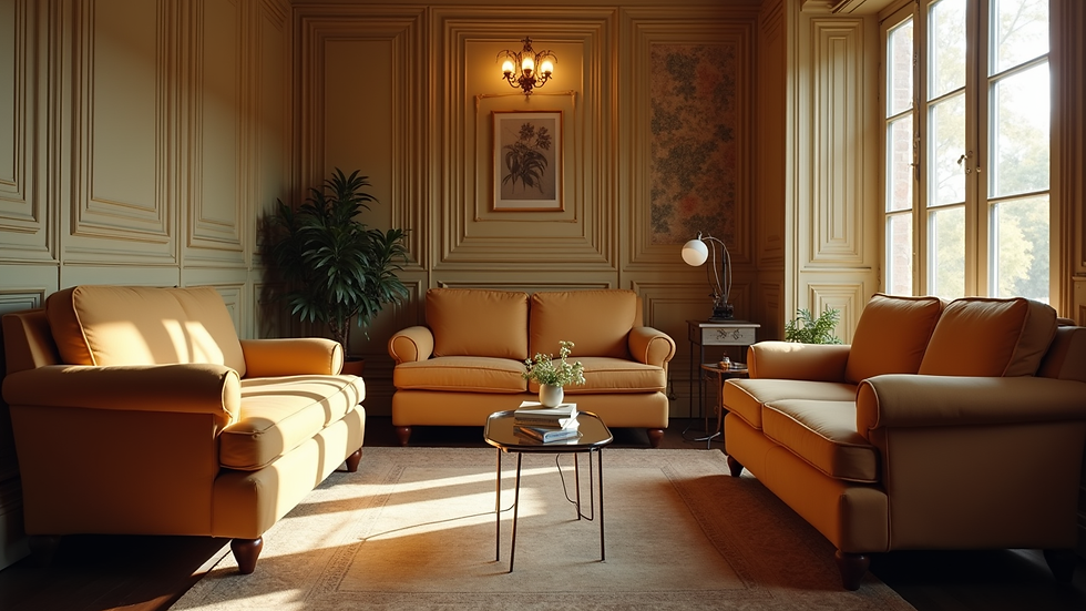 Eye-level view of vintage art deco furniture arranged in a lounge setting