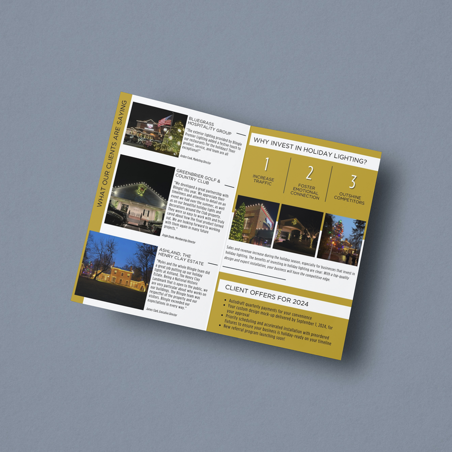 Bifold brochure opened with a message about commercial holiday lighting