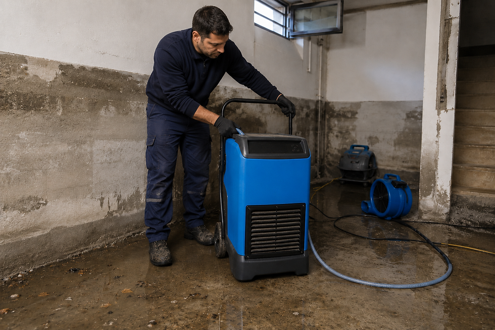 Operatore che utilizza un deumidificatore professionale per asciugare locali e muri dopo un allagamento