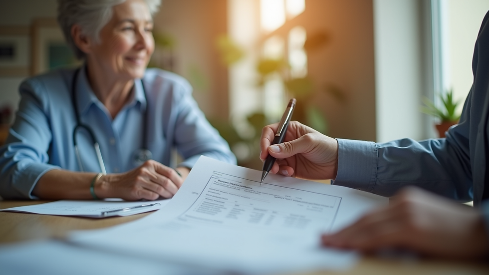 Close-up view of a senior receiving assistance with healthcare paperwork