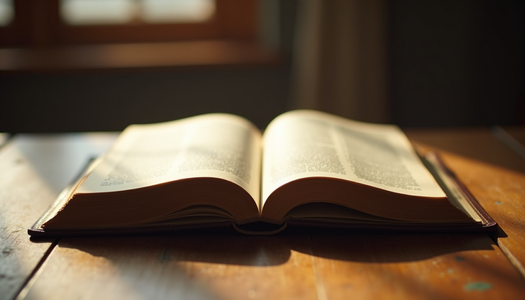 Eye-level view of an old, weathered journal lying open on a wooden table with sunlight casting soft shadows