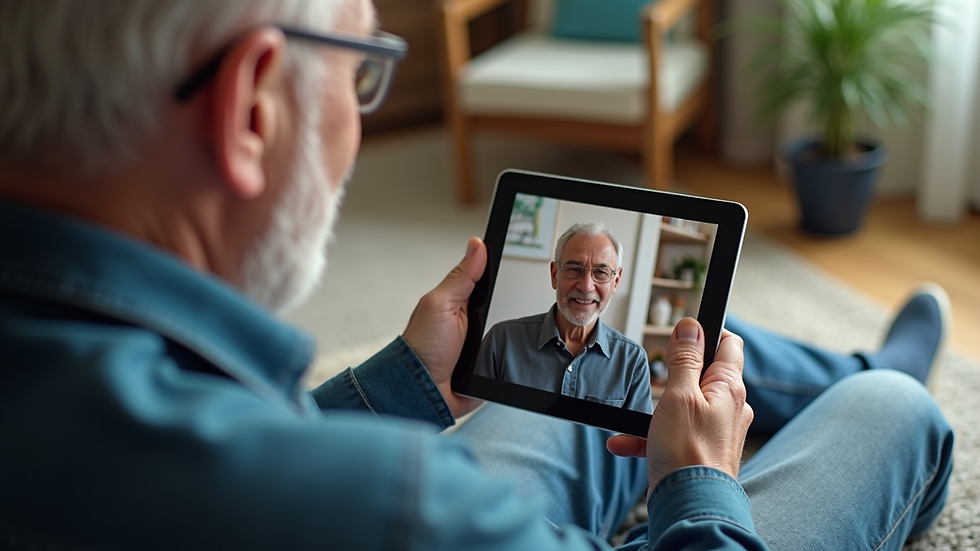 High angle view of a senior man using a tablet to connect with a community support group online