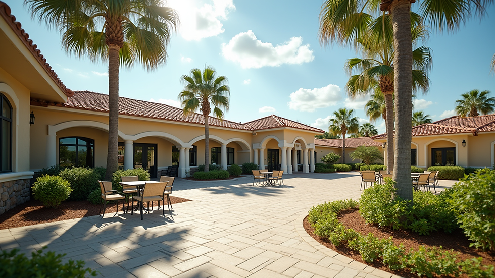Eye-level view of a Florida senior center with outdoor seating and palm trees