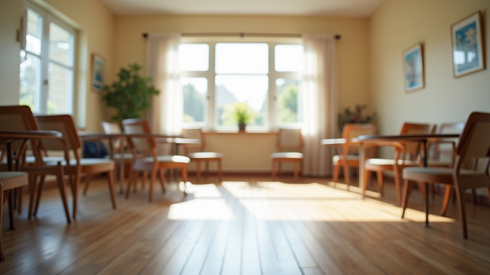 Eye-level view of a senior center community room with tables and chairs