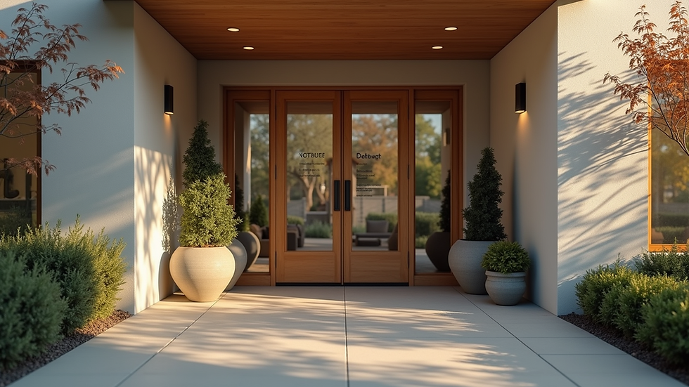 Eye-level view of a community center entrance with welcoming signage