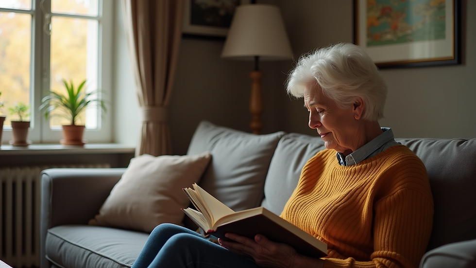 Eye-level view of a senior woman reading a book in a cozy living room