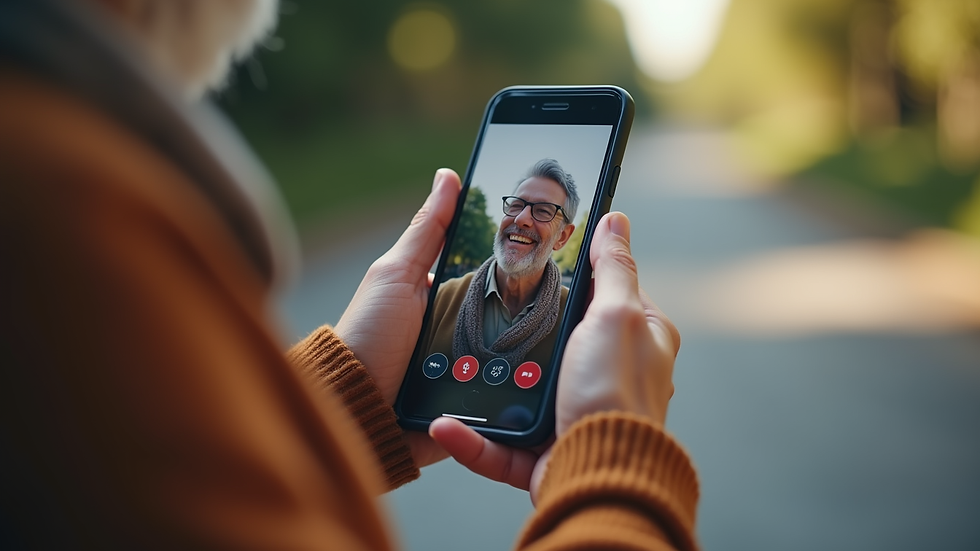 Close-up view of a senior’s hands holding a smartphone with a video call screen