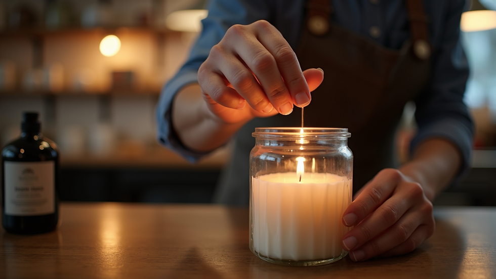 Eye-level view of a candle maker placing a wick in a glass jar