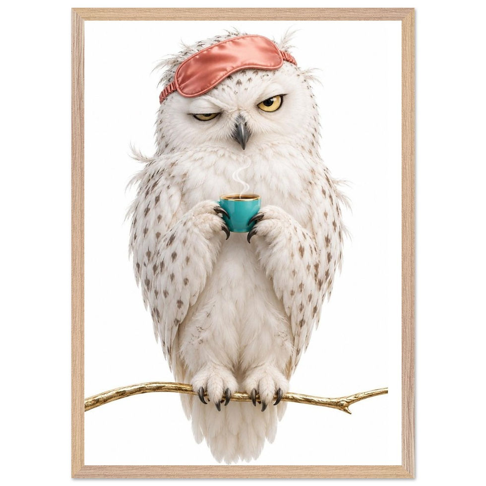 Thumbnail: First Coffee, Then Wisdom | Funny Owl Wall Art Print