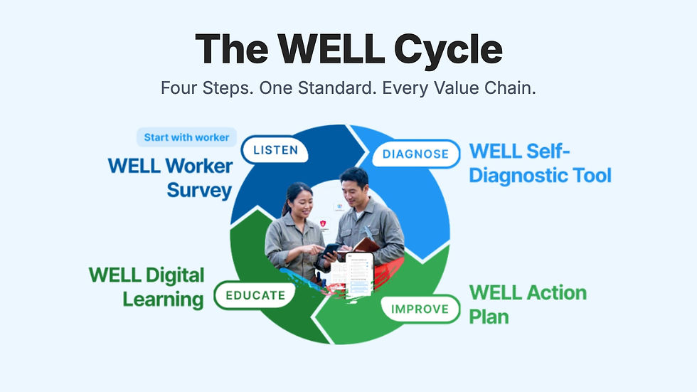 Diagram titled 'The WELL Cycle: Four Steps, One Standard, Every Value Chain,' showing four connected stages in a circular flow starting with the worker: Listen (WELL Worker Survey), Diagnose (WELL Self-Diagnostic Tool), Improve (WELL Action Plan), and Educate (WELL Digital Learning).