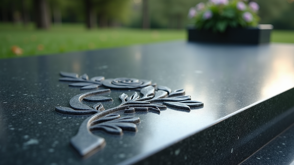 Close-up view of polished granite headstone with engraved floral design