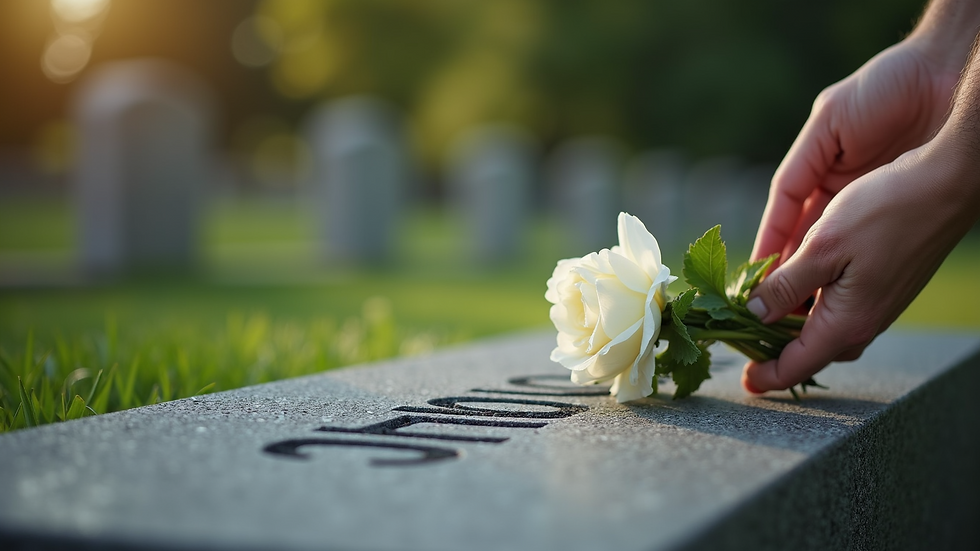 Close-up view of a hand placing flowers on a memorial headstone