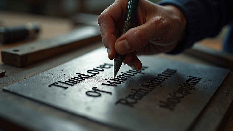Close-up view of a craftsman engraving a memorial plaque with precision