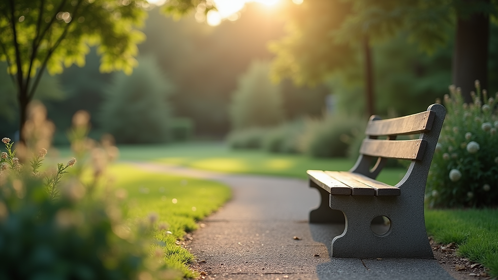Eye-level view of a memorial bench in a serene garden setting
