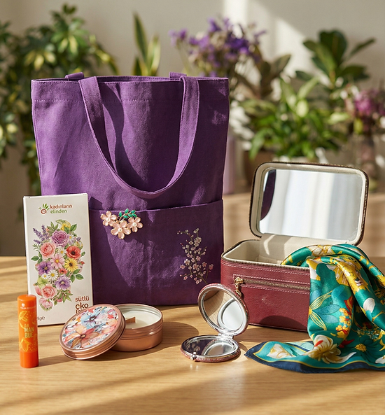 Aynalı makyaj çantası, bez çanta, Yves Rocher lip balm, el yapımı çikolata, teneke mum, broş ve saten fular içeren bu Anneler Günü seti, aksesuardan bakıma geniş bir yelpazeyi kapsıyor. Logo giydirme seçeneğiyle kurumsal kimliğinizi hediyeye yansıtabilirsiniz.