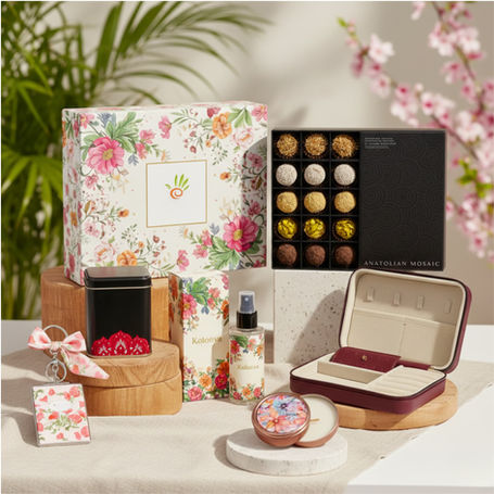 El yapımı 15 parça karışık truffle çikolata kutusu, teneke Türk kahvesi, takı saklama kutusu, zeytin çiçeği kolonya, ahşap fitilli kokulu teneke mum ve anahtarlıklı çanta aynası içeren bu premium hediye paketi, Kadınlar Günü'nde çalışanlarınızı özel hissettirmek için tasarlandı. Firma özel logo işleme, tebrik kartı ve tek nokta ücretsiz teslimat dahil kurumsal çözüm.
