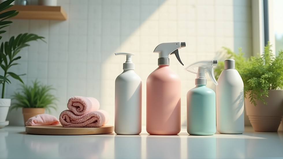 High angle view of cleaning supplies arranged neatly on a countertop