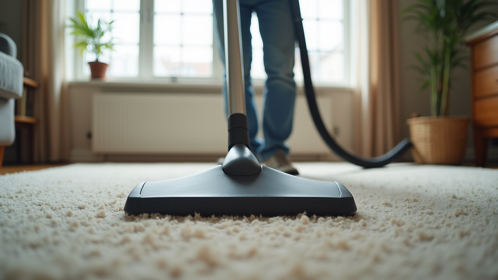 Close-up view of a professional cleaner vacuuming a carpet in a residential room