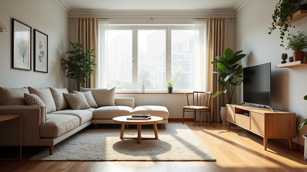 Eye-level view of a neat and organized living room with natural light