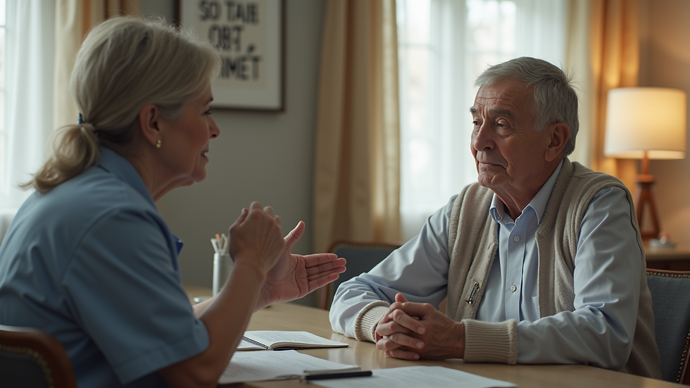 High angle view of a caregiver communicating with a senior
