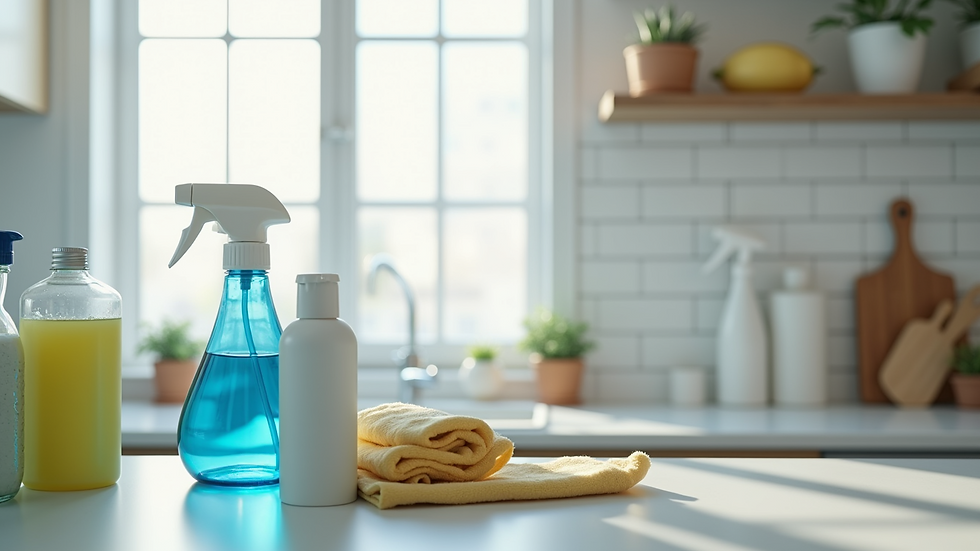 High angle view of cleaning supplies arranged neatly on a countertop