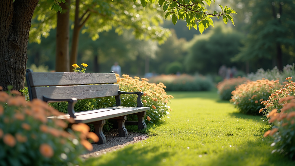 High angle view of a peaceful garden with a bench and blooming flowers