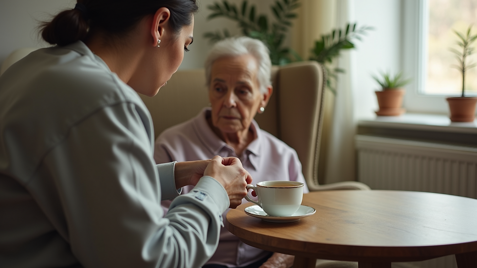 High angle view of a caregiver setting a cup of tea on a small table next to a senior’s armchair