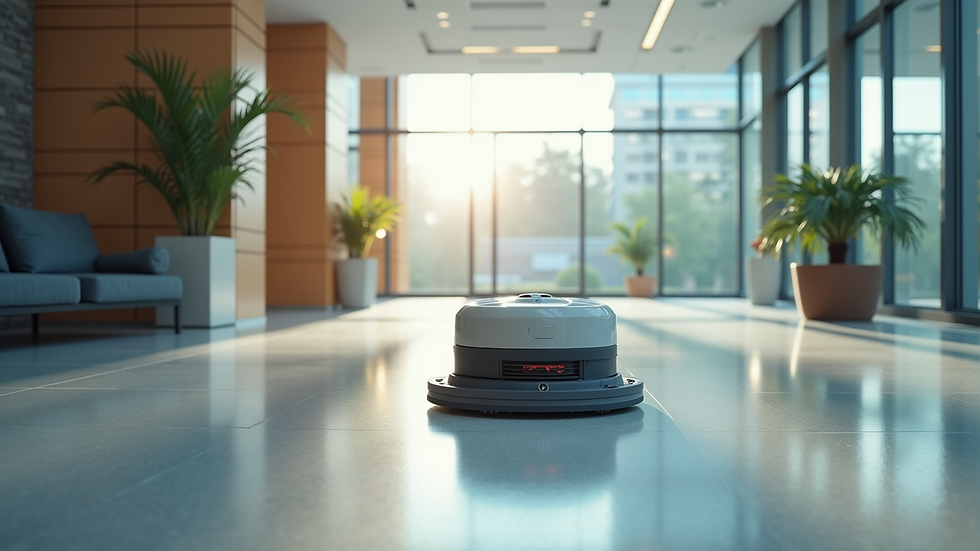 High angle view of robotic floor cleaner operating in a large office lobby