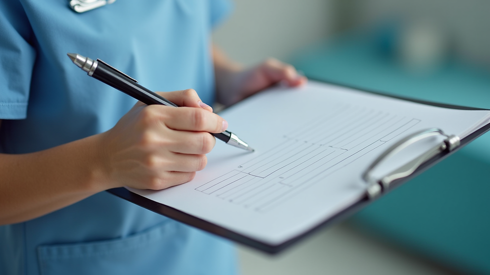 Close-up view of a caregiver’s hand holding a checklist on a clipboard