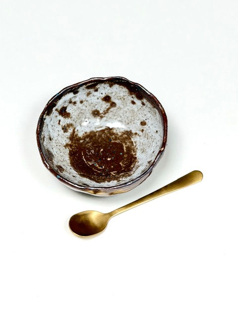 Thumbnail: Small Moody Rustic White Bowl with Gold Spoon - Bowl B