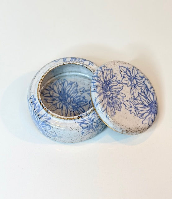 Thumbnail: Rustic Speckled Jar with Blue Daisy Design