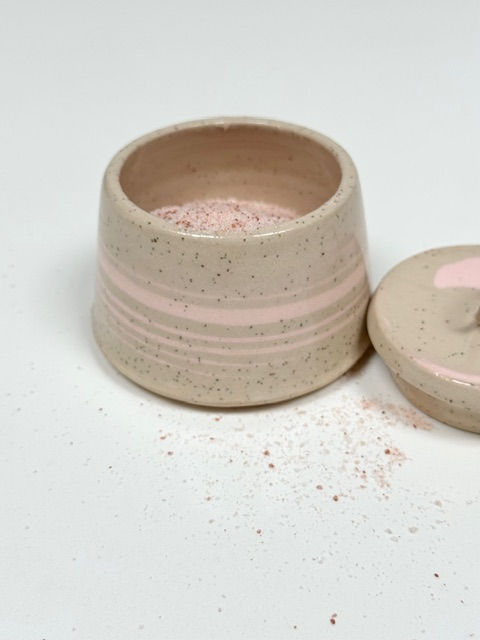 Thumbnail: Tapered Beige Jar with Pink Swirls - Leather Handle