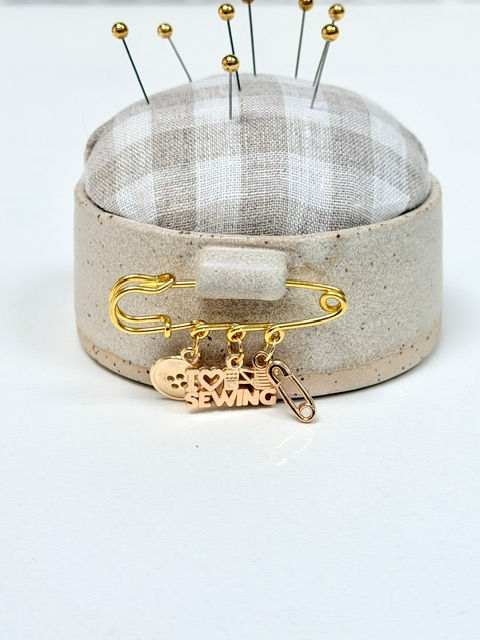 Thumbnail: Beige Checked Pin Cushion with Charms