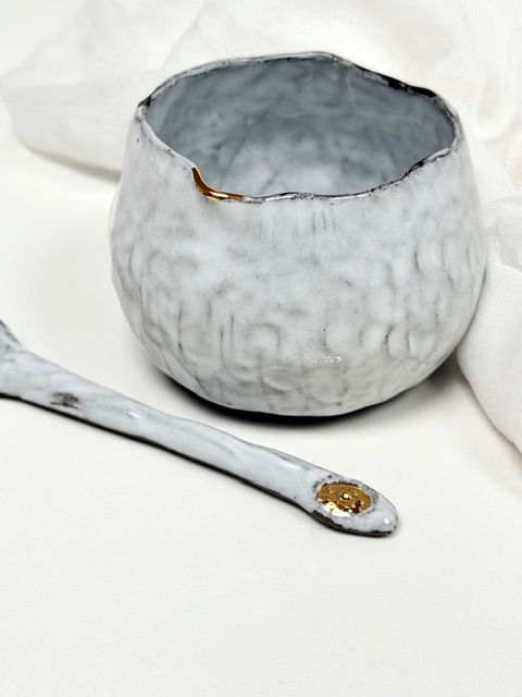 Thumbnail: Small Black and White Bowl with Matching Spoon
