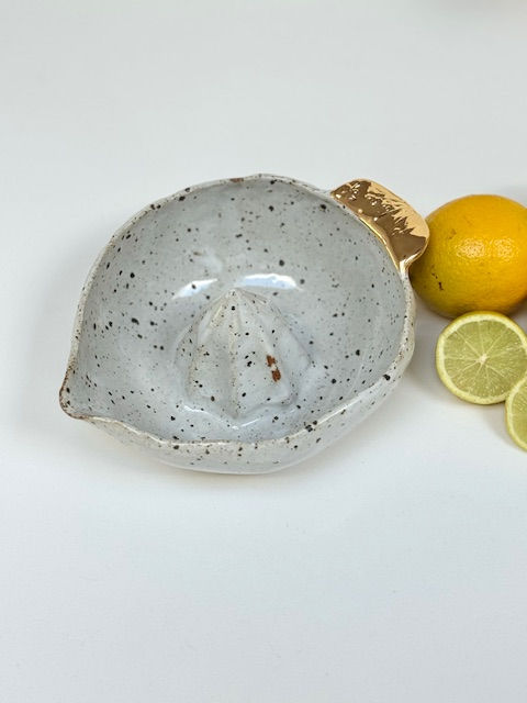Thumbnail: Rustic Speckled Grey Citrus Squeezer Bowl with real Gold Handle